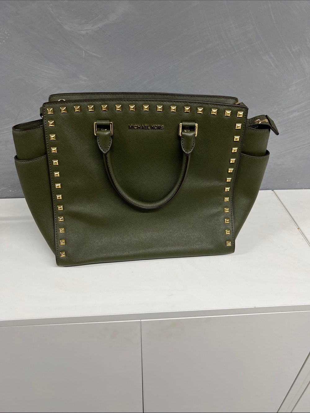 Michael Kors Olive Green Leather Tote with Gold Stud Detailing